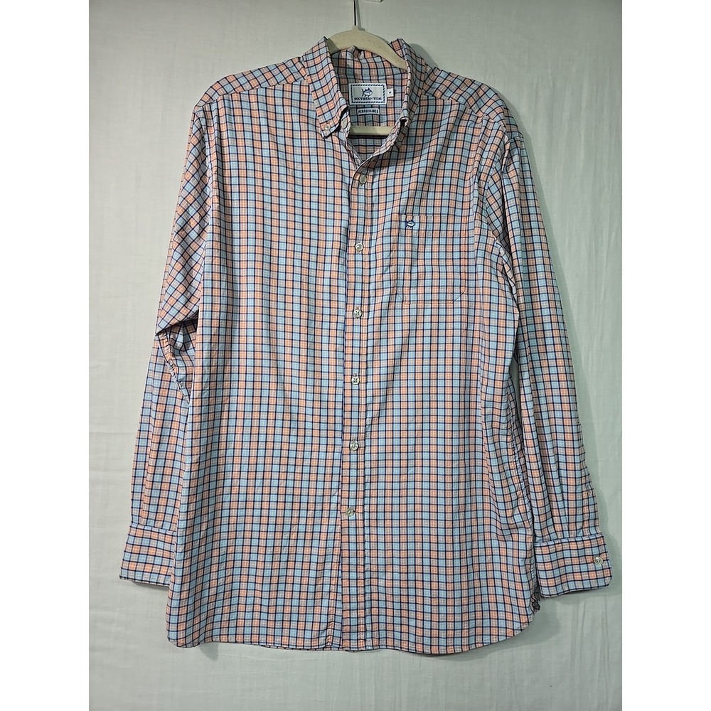 Southern Tide Men's M Performance Button Down Orange‎ Check Long Sleeve Shirt